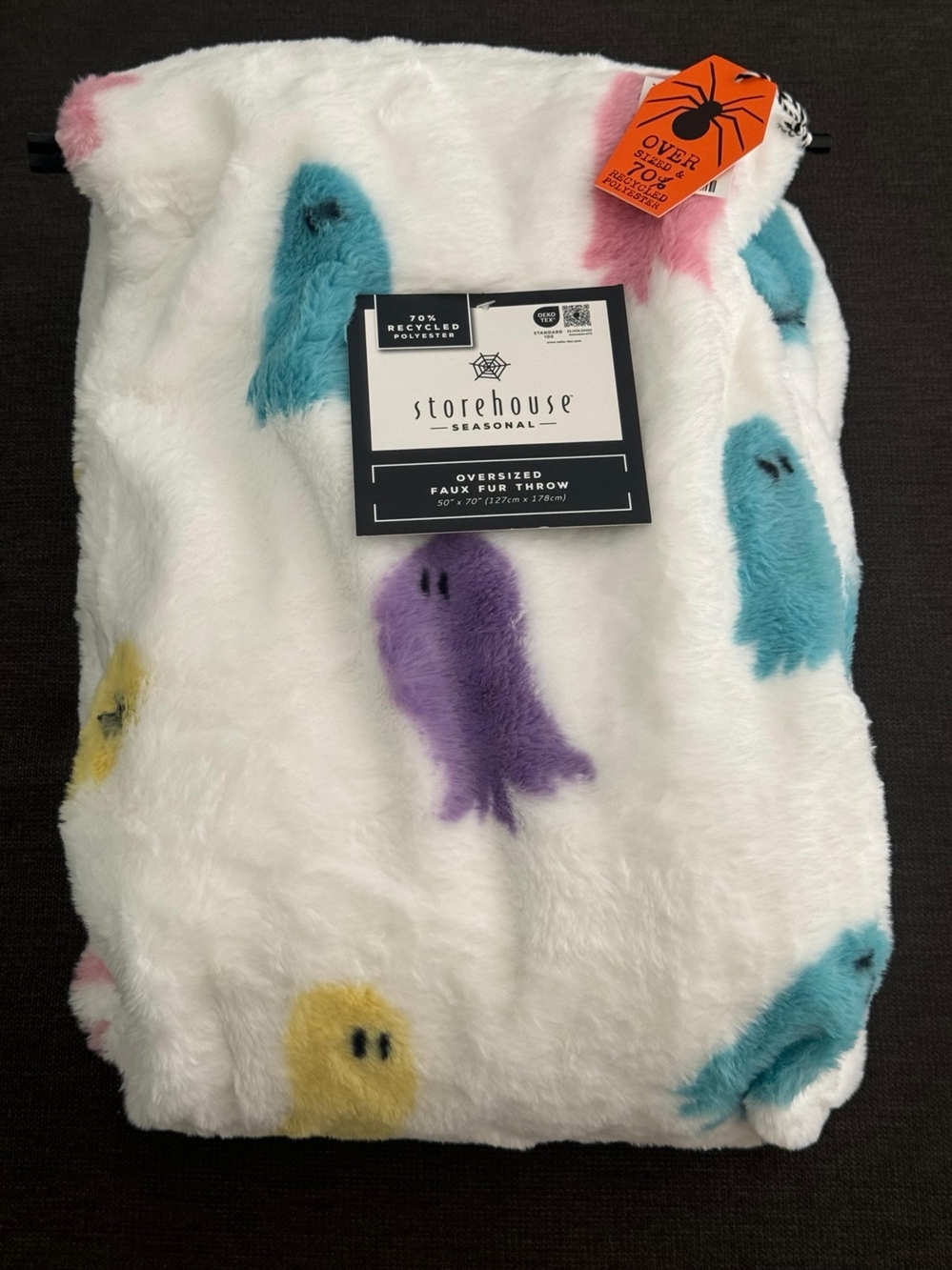 Plush Ghost Throw - White with Purple, Blue, Yellow, Pink Accents